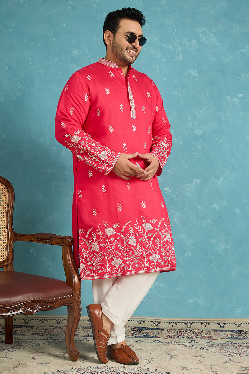 Mens Pink Silk Blend Solid Thread Work Embroidered Kurta