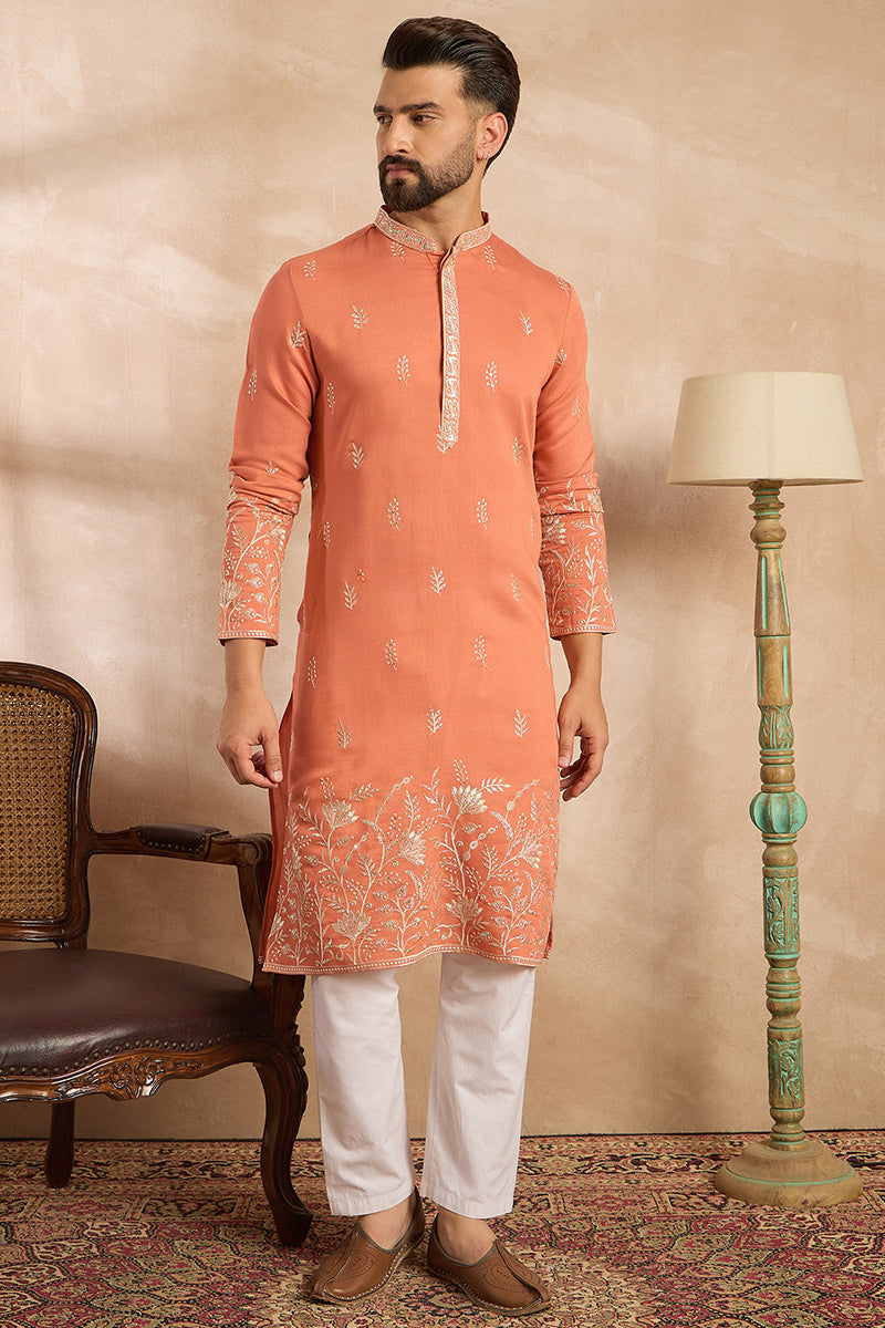 Mens Peach Vartican Solid Embroidered Straight Kurta