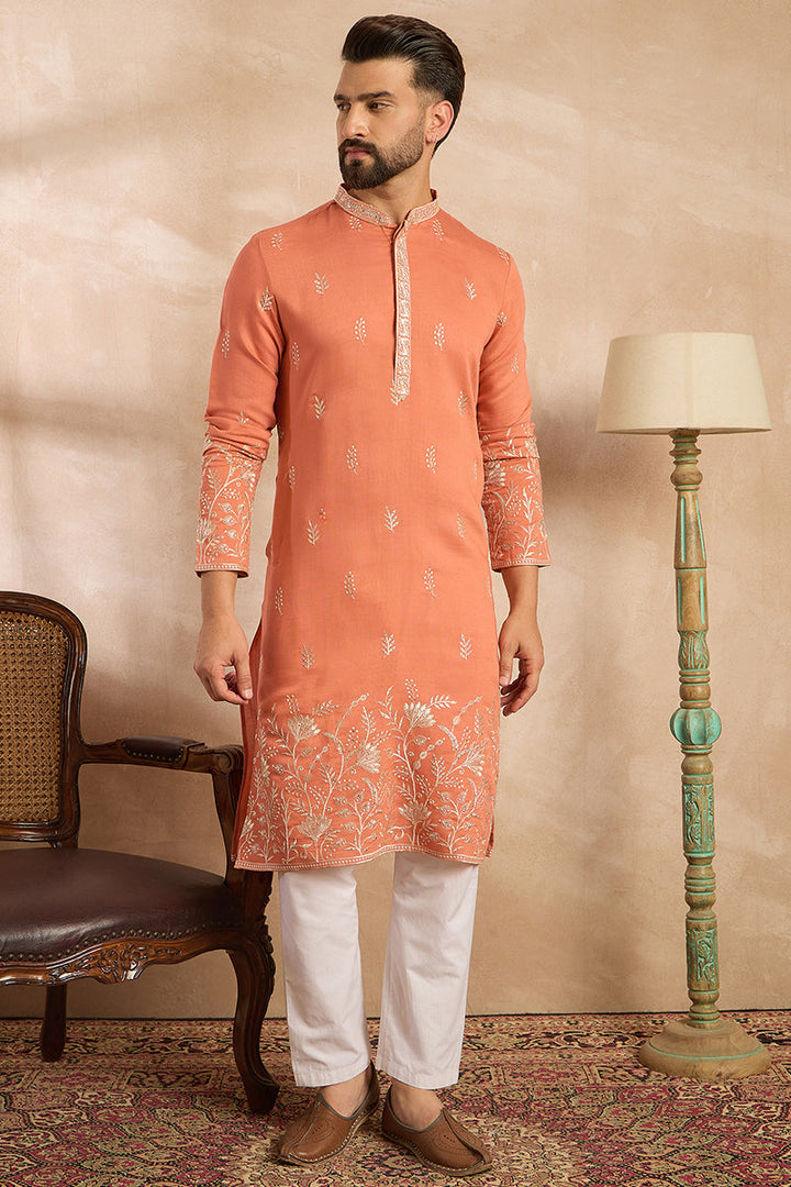 Mens Peach Vartican Solid Embroidered Straight Kurta