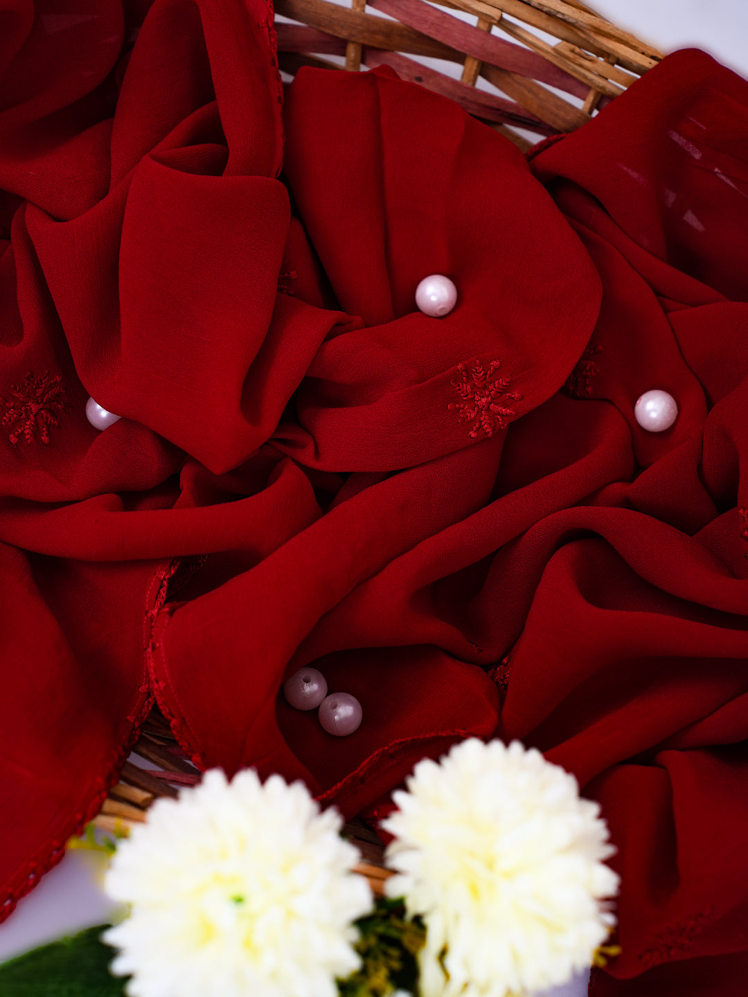 Red Poly Georgette Floral Chikankari Handloom Dupatta