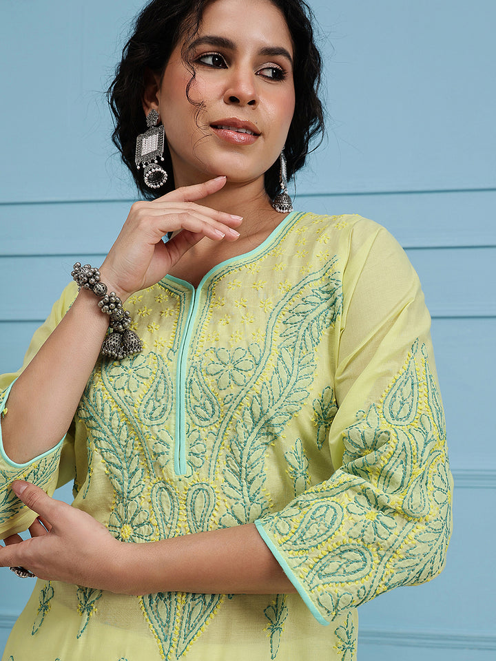 Lemon Yellow & Green Embroidered Chikankari Cotton Kurta