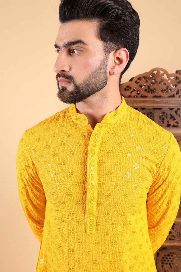 Mens Yellow Viscose Rayon Solid Embroidered Straight Kurta with Trousers