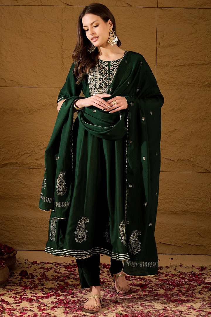 Green Silk Blend Embroidered Anarkali Suit Set