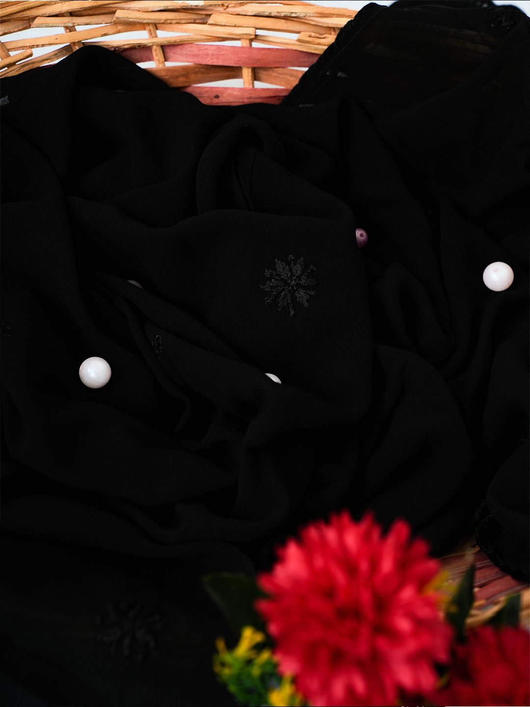 Black Poly Georgette Floral Chikankari Handloom Dupatta