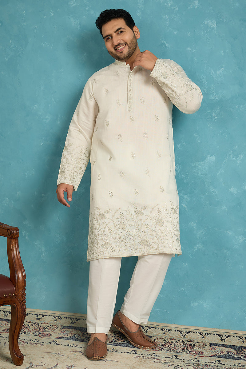 Mens White Silk Blend Floral Thread Work Embroidered Kurta