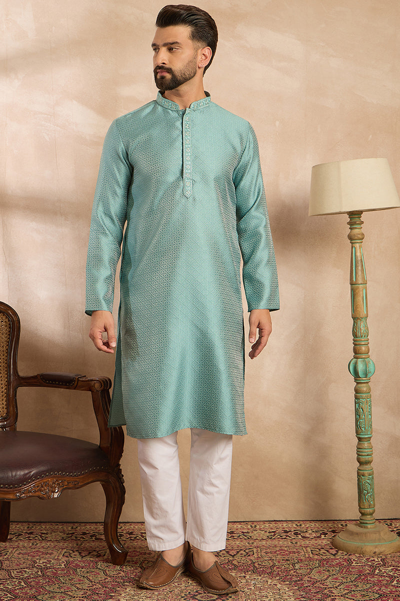 Mens Green Polyester Solid Embroidered Straight Kurta With Trouser