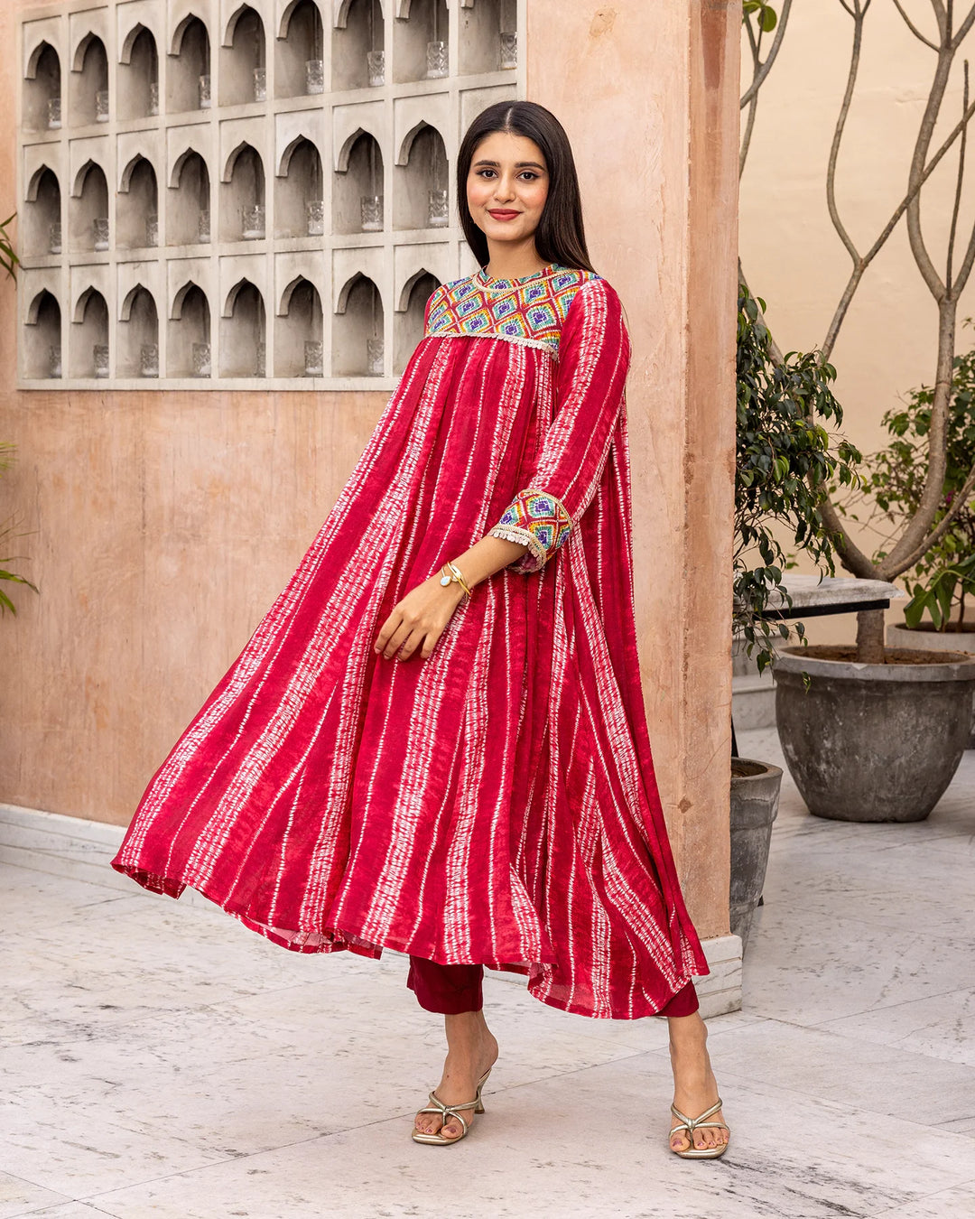 Red-Muslin-Tie-Dye-Gathered-2-Piece-Kurta-Set