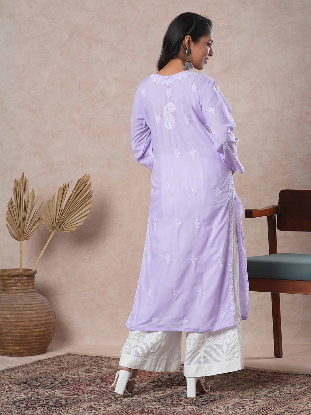 Hand Embroidered Lucknowi Chikankari Mauve & White Cotton Kurta