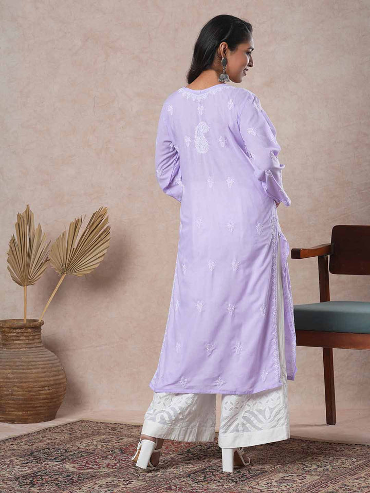 Hand Embroidered Lucknowi Chikankari Mauve & White Cotton Kurta