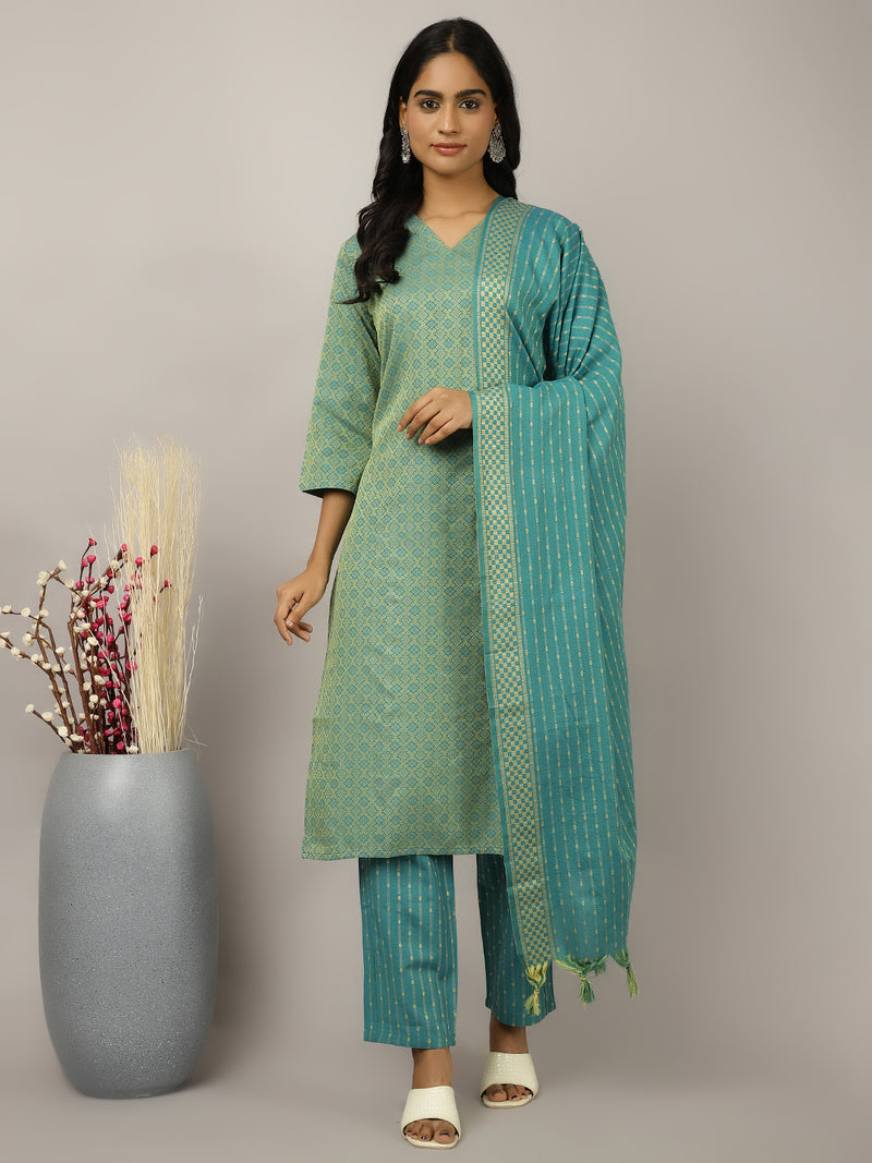 Sea-Green-Cotton-Blend-Self-Design-Festive-3-Piece-Kurta-Set