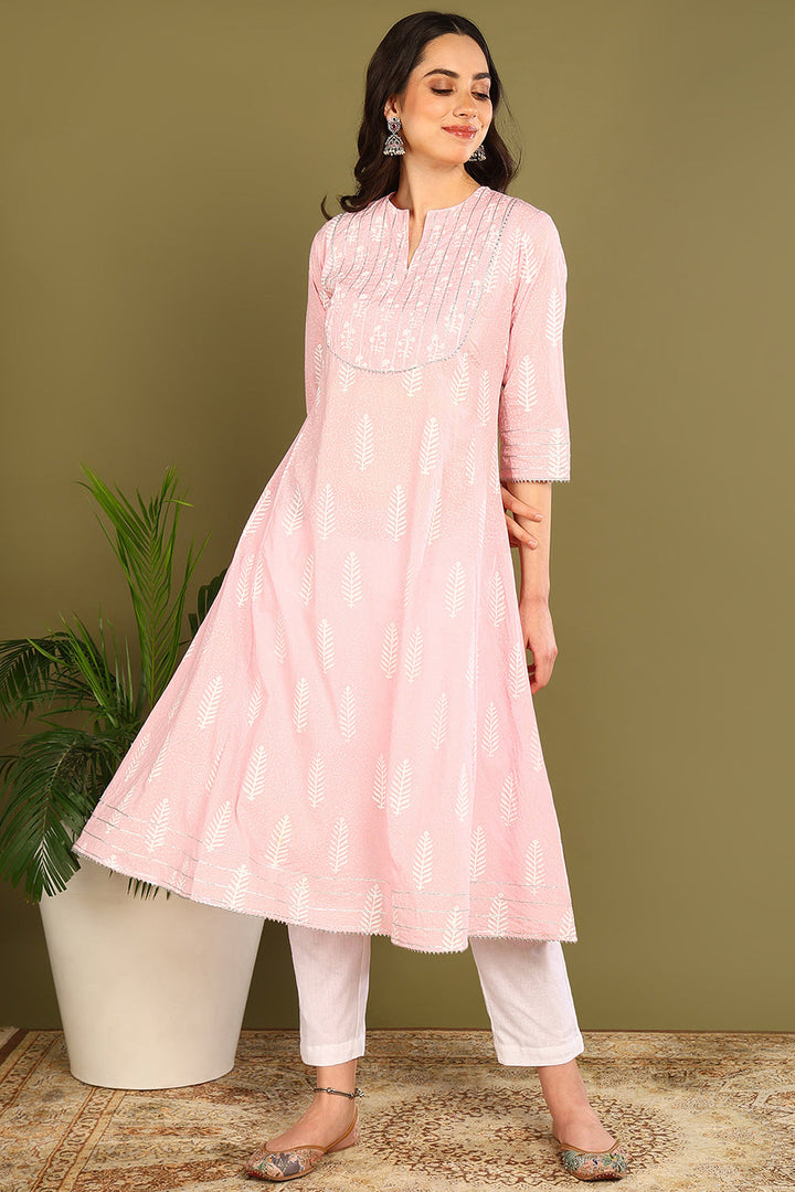 Pink-Cotton-Gotta-&-Dori-A-Line-Kurta