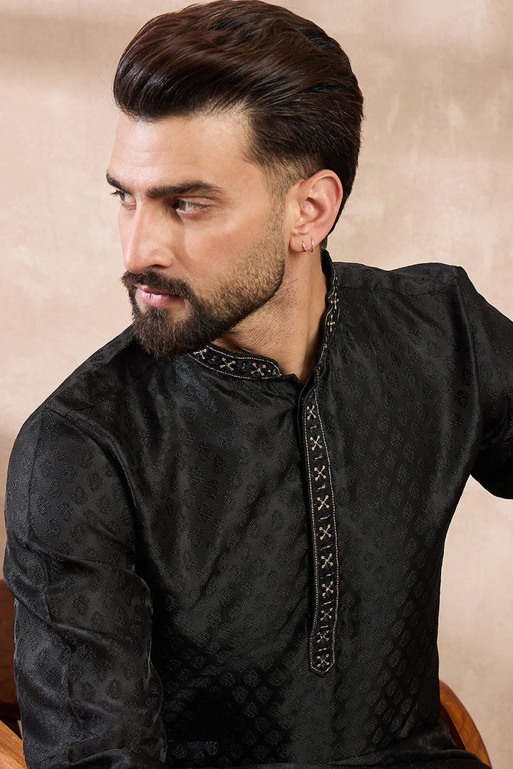 Mens Black Silk Blend Solid Woven Design Straight Kurta