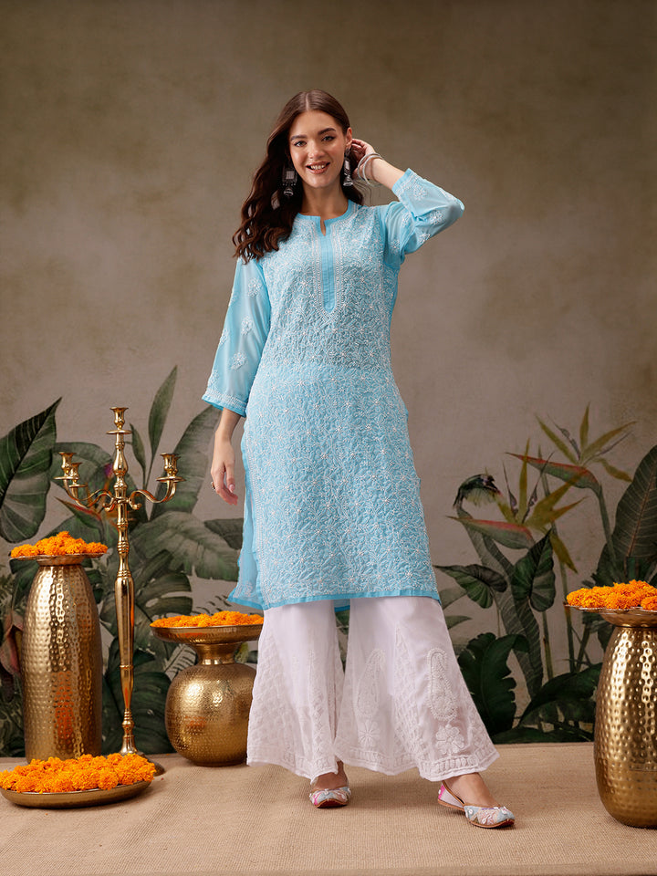 Blue Faux Georgette Chikankari Straight Kurti