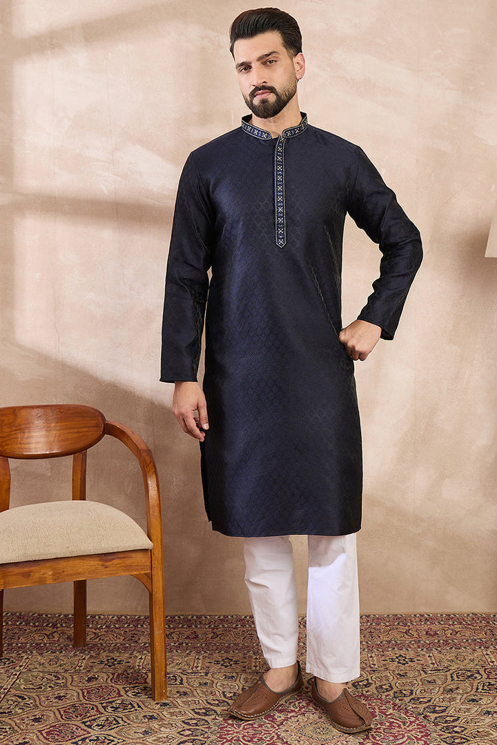 Mens Navy Blue Silk Blend Solid Woven Design Straight Kurta