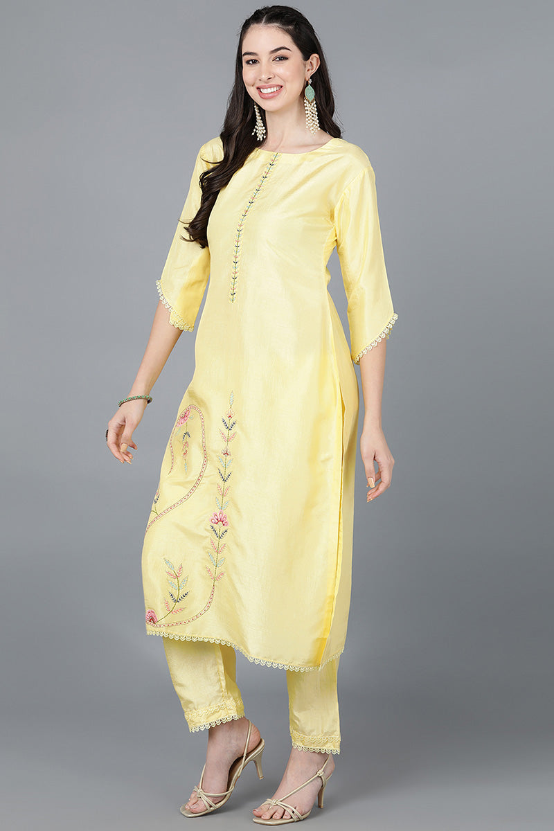 Yellow-Poly-Silk-Straight-3-Piece-Kurta-Set