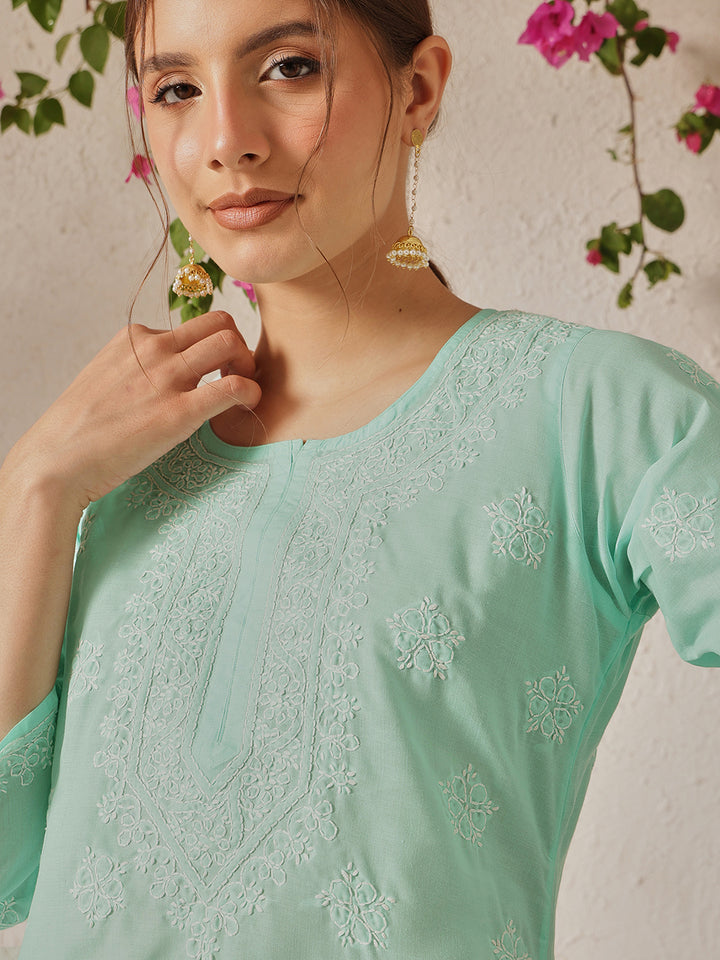 Sea Green Cotton Chikankari Tunic Kurti