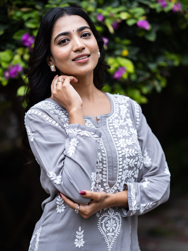 Grey Rayon Chikankari Motif 2-Piece Kurta Set