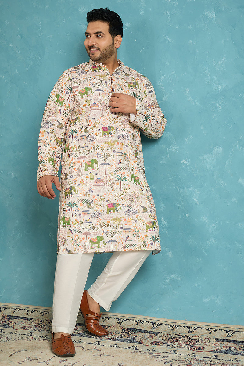 Mens Cream Viscose Rayon Ethnic Motifs Thread Work Printed Kurta