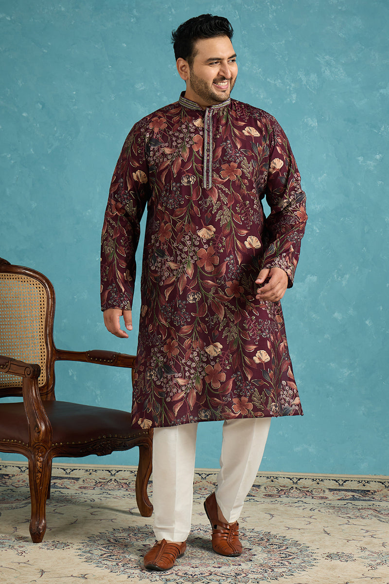 Mens Purple Silk Blend Floral Printed Kurta