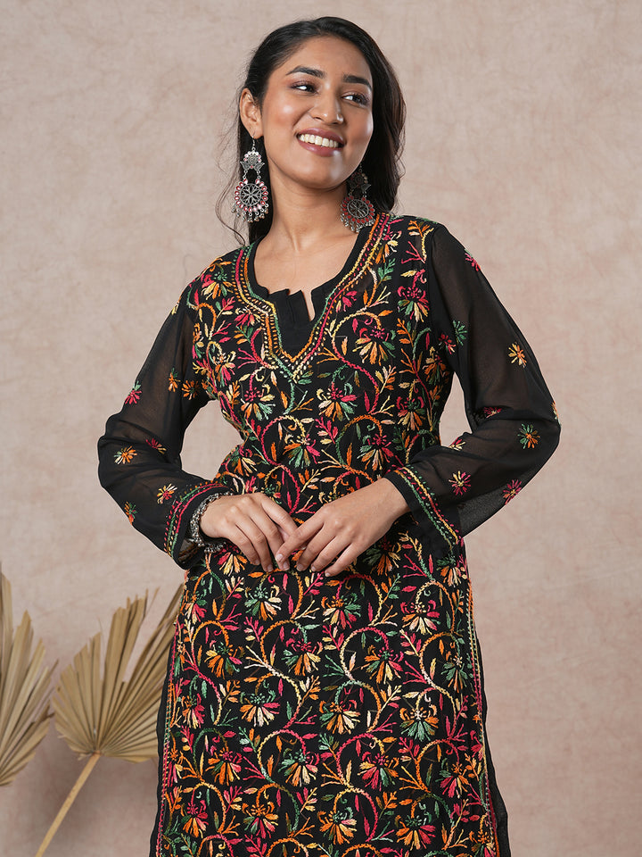 Black Embroidered Chikankari Kurta With Slip