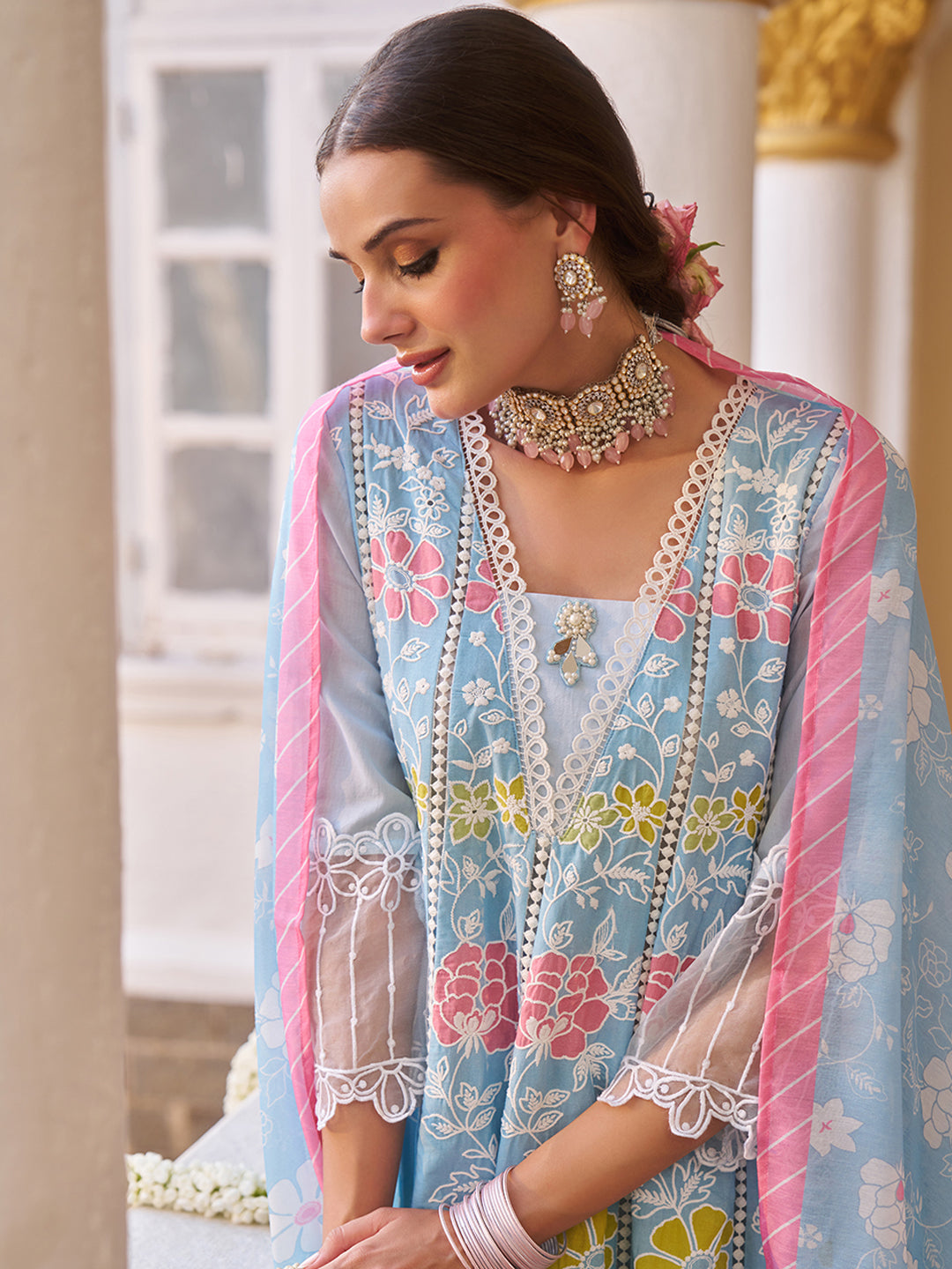 Blue-Cotton-Floral-Embroidered-3-Piece-Kurta-Set