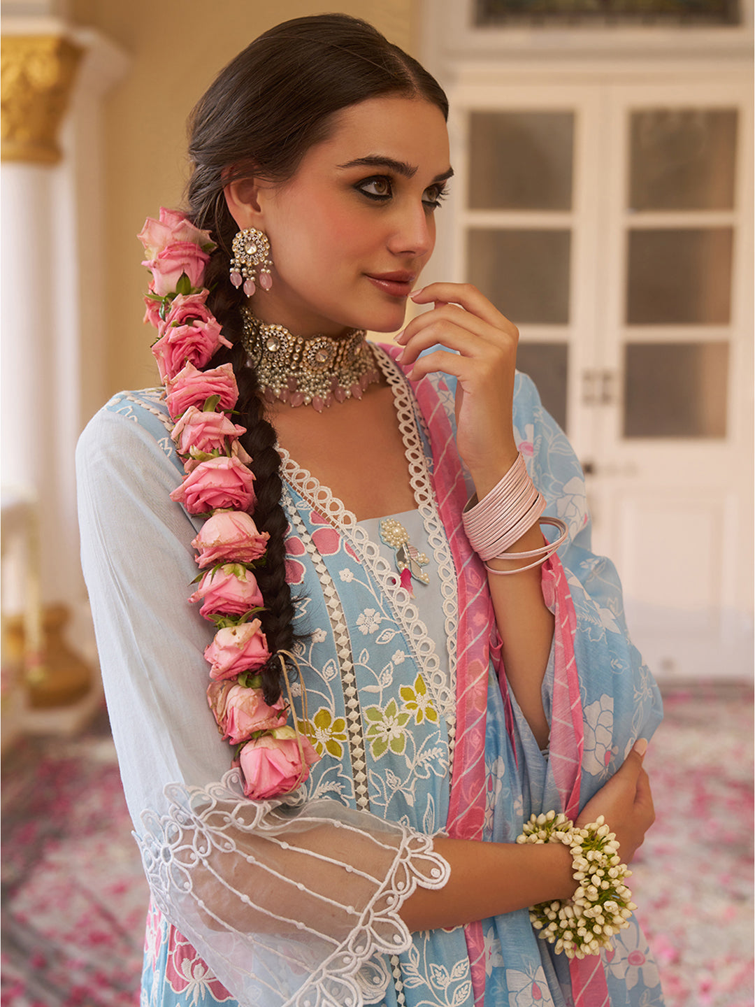 Blue-Cotton-Floral-Embroidered-3-Piece-Kurta-Set