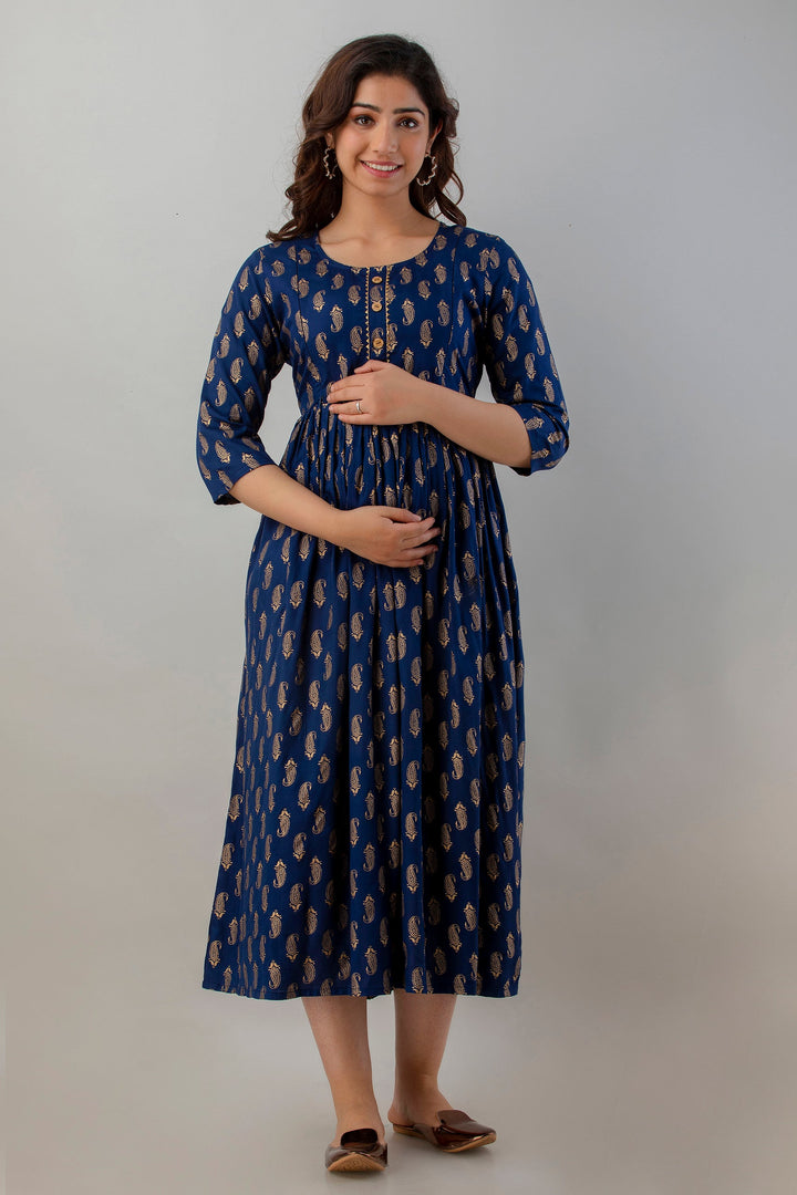 Blue Rayon Floral Printed Maternity and Feeding Dress