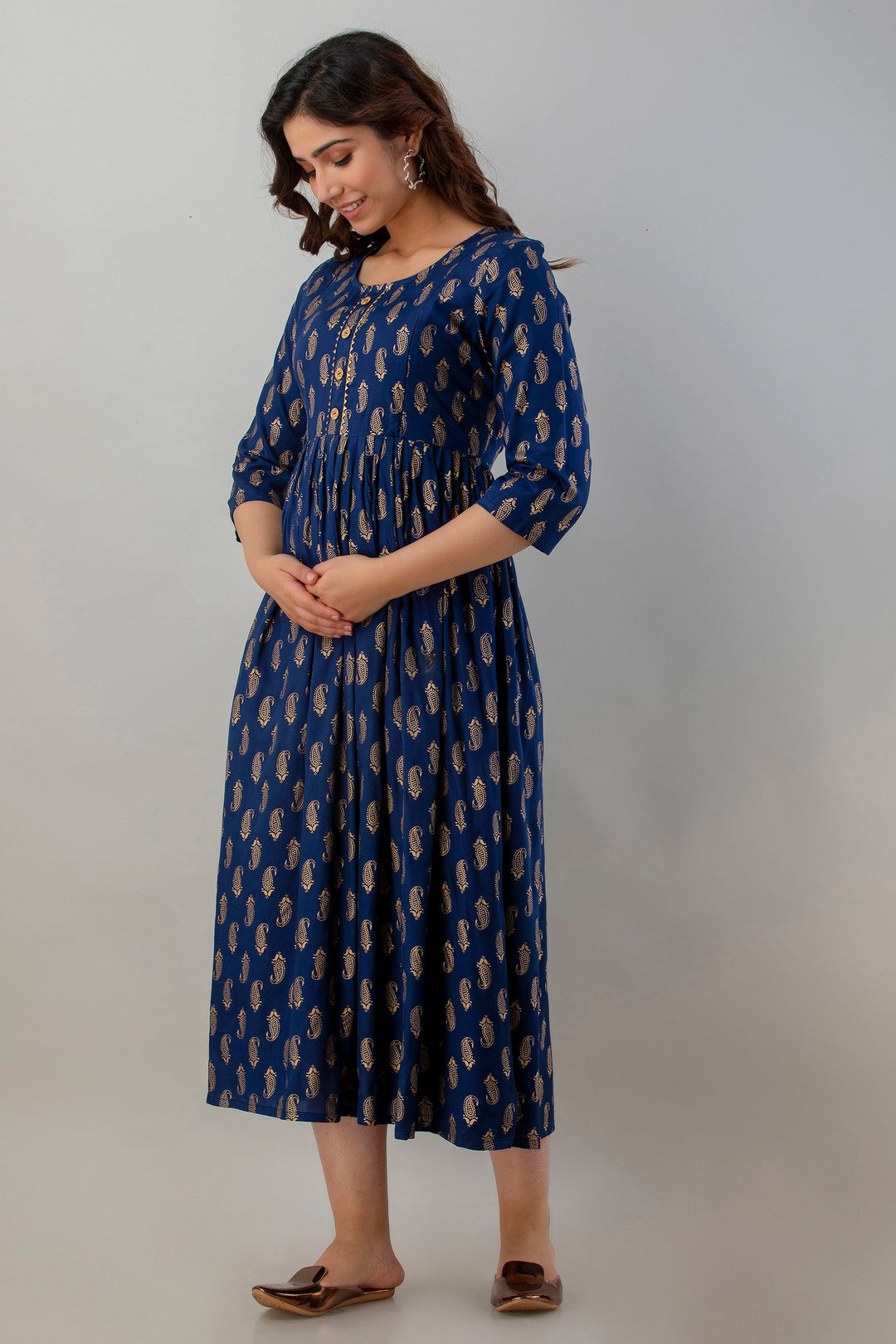 Blue Rayon Floral Printed Maternity and Feeding Dress