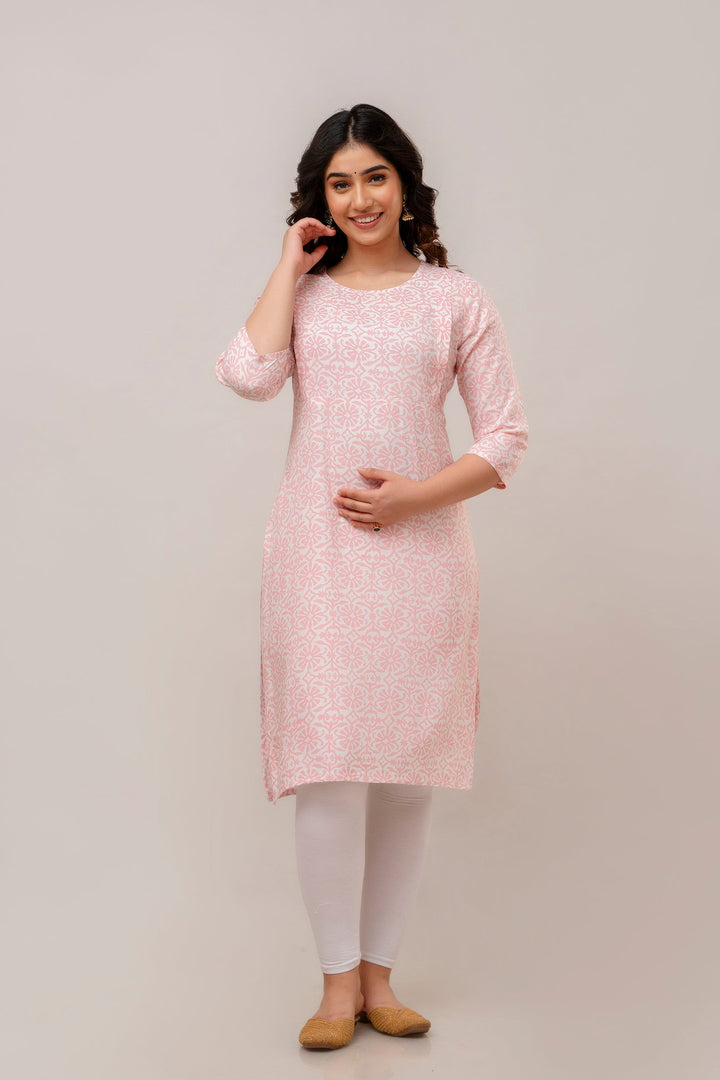 Pink Rayon Floral Printed Maternity and Feeding Kurta