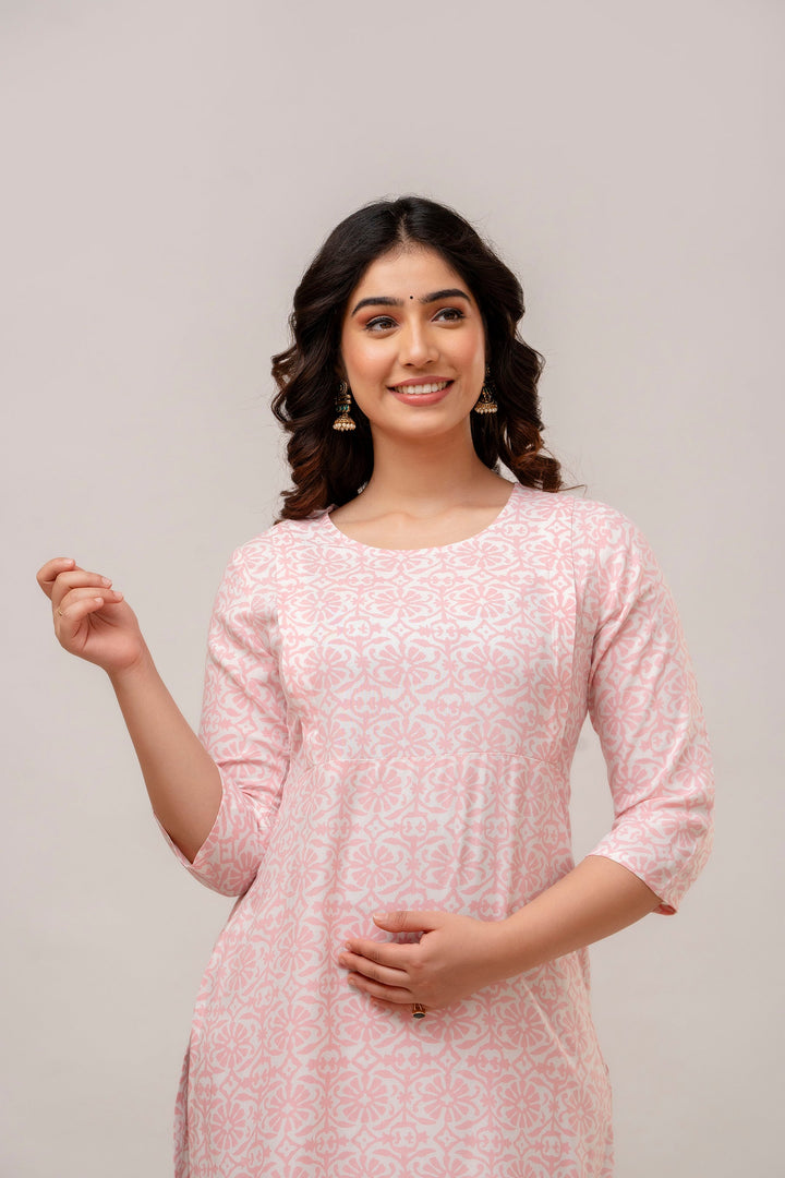 Pink Rayon Floral Printed Maternity and Feeding Kurta