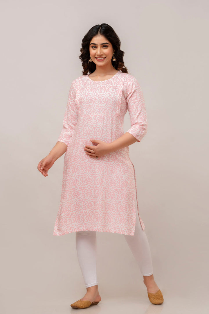 Pink Rayon Floral Printed Maternity and Feeding Kurta