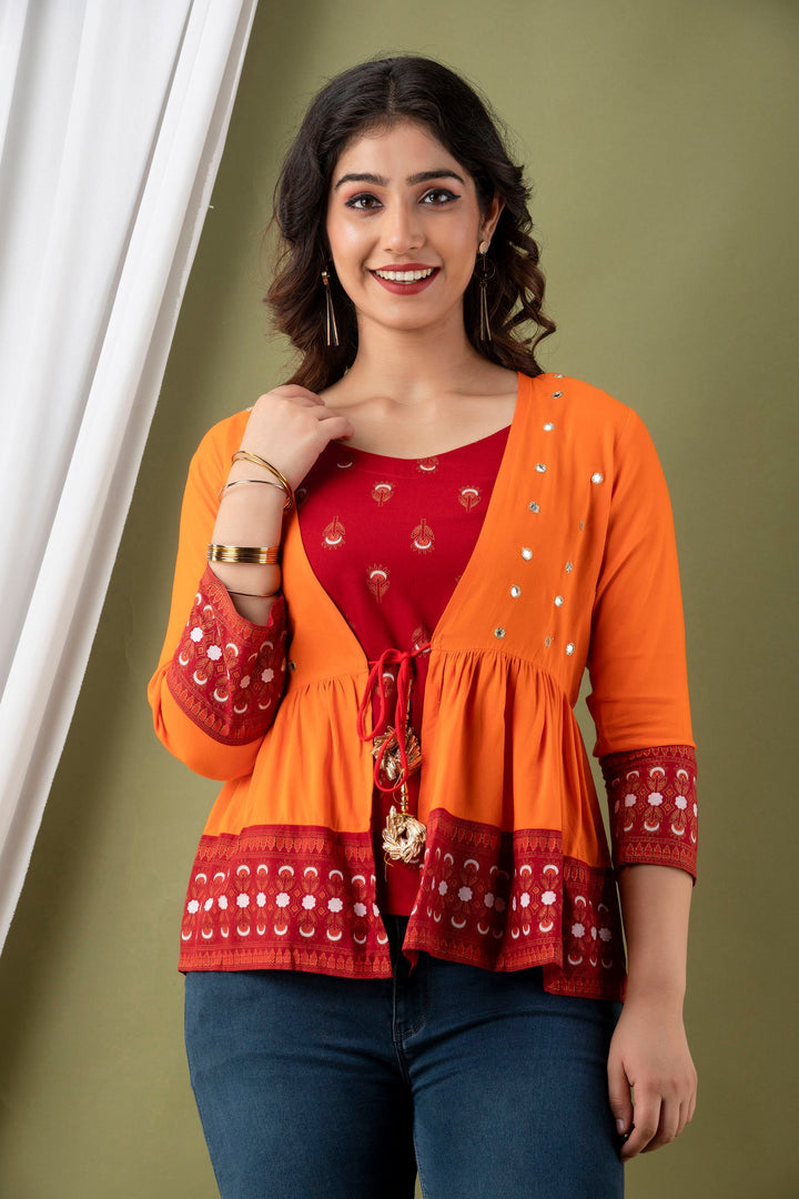 Orange & Red Ethnic Top with Front-Tie Jacket