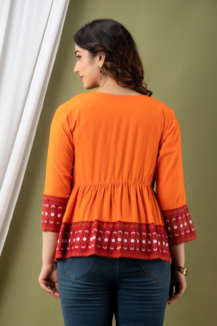 Orange & Red Ethnic Top with Front-Tie Jacket