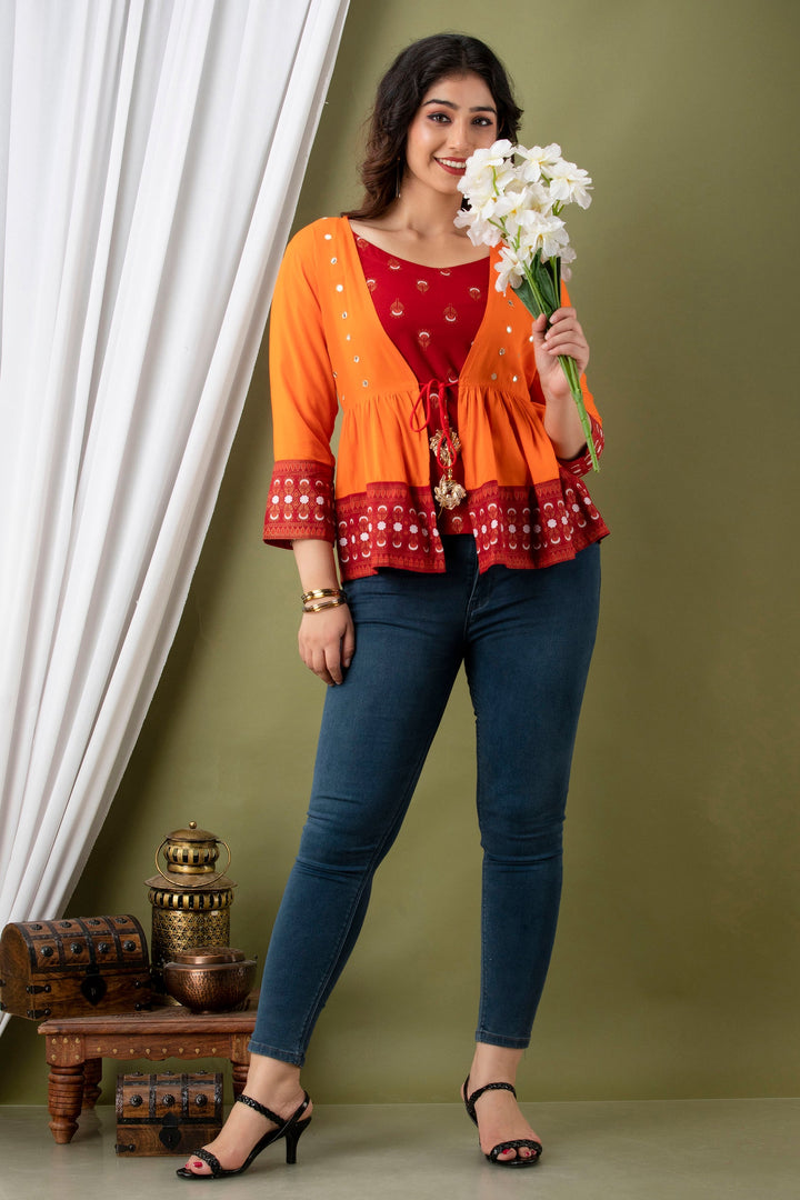 Orange & Red Ethnic Top with Front-Tie Jacket