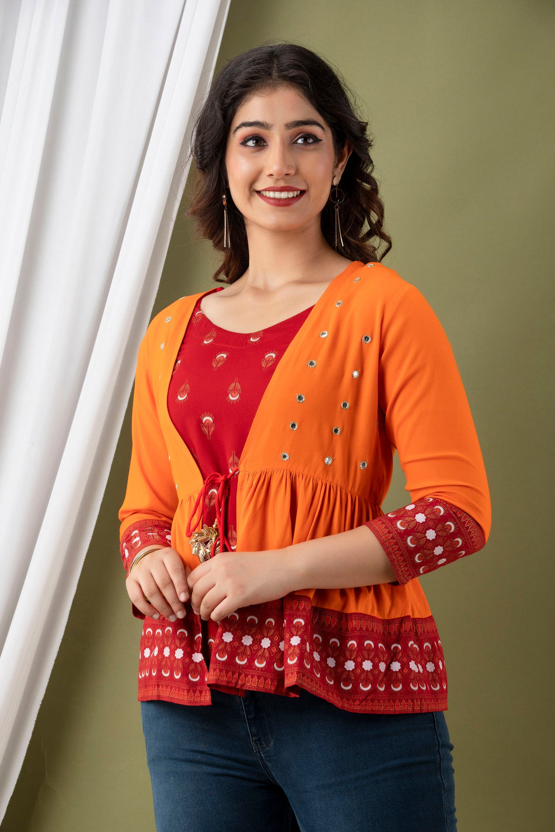 Orange & Red Ethnic Top with Front-Tie Jacket