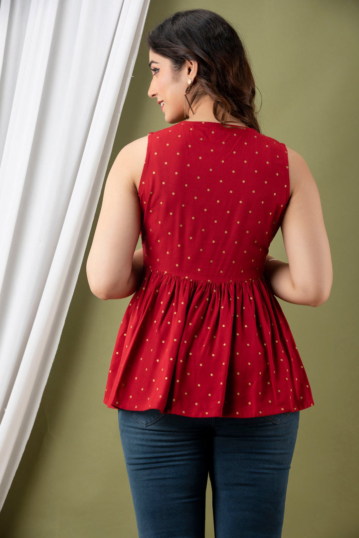 Maroon Rayon Polka Dot Printed Top