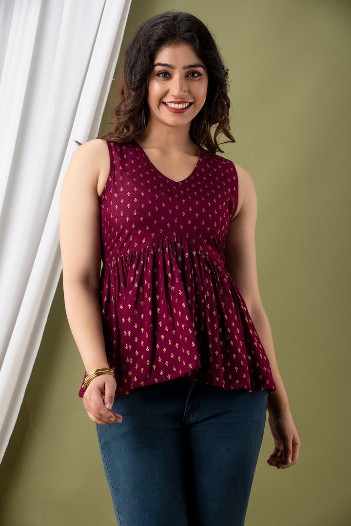 Wine Rayon Printed Flared Top