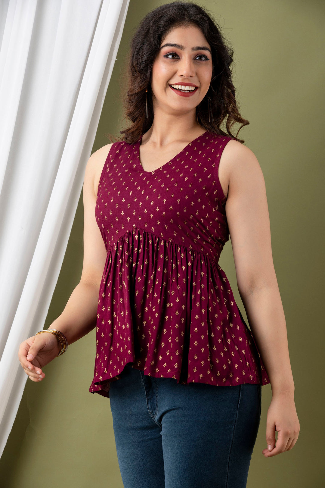 Wine Rayon Printed Flared Top