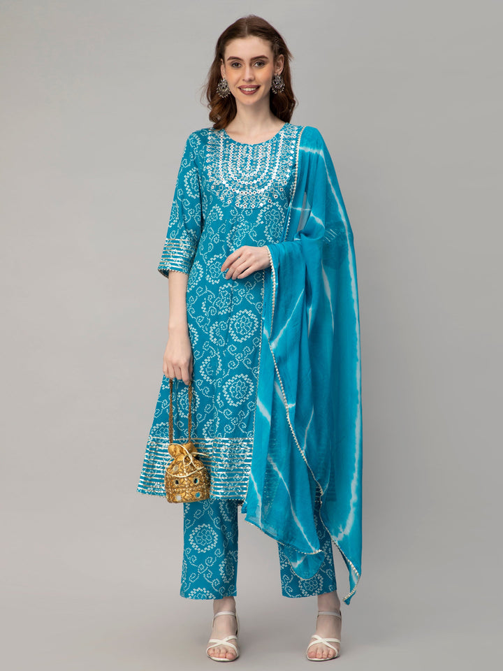 Sky Blue Rayon Blend Bandhani Printed Flared Kurta Set