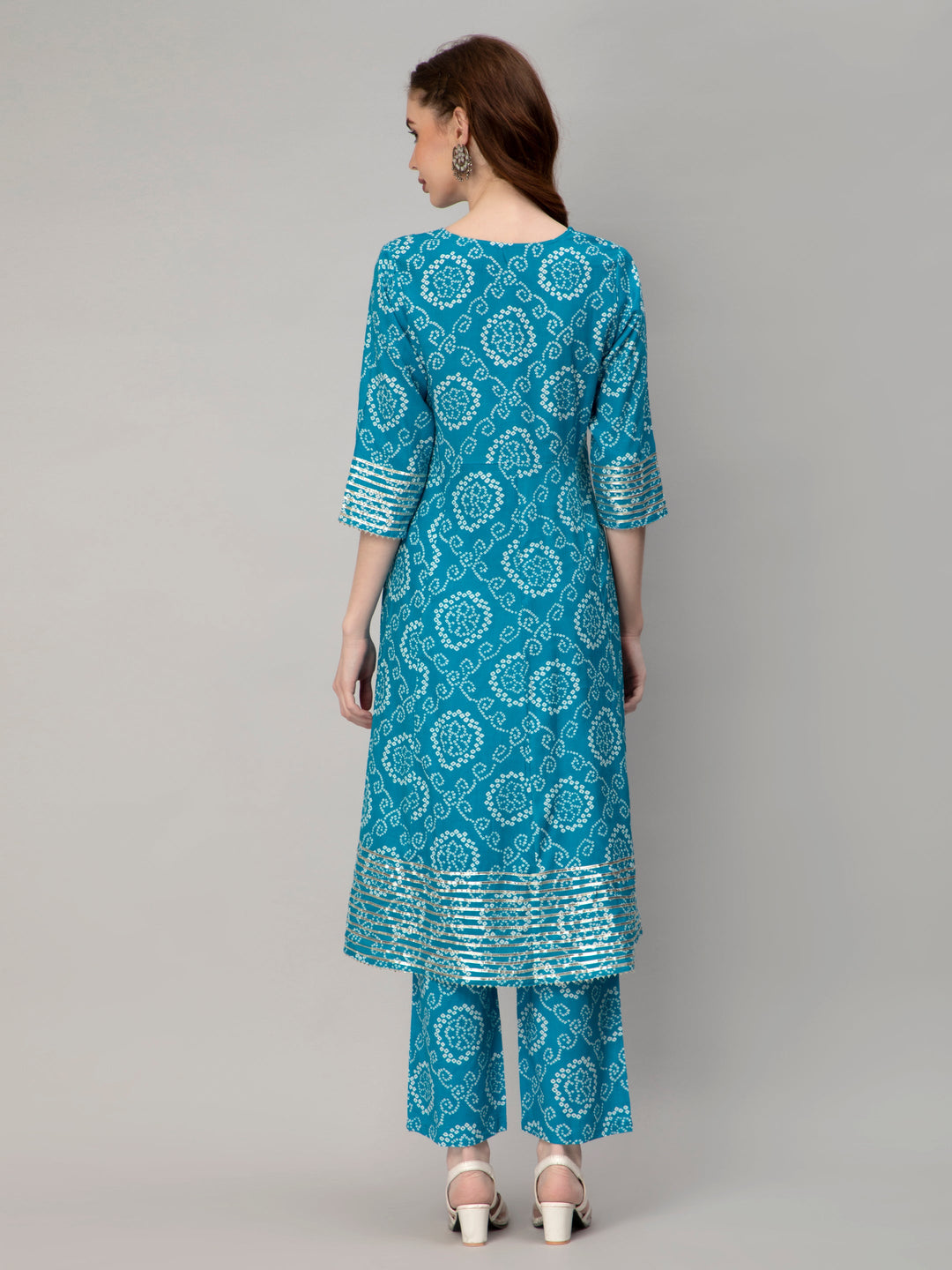 Sky Blue Rayon Blend Bandhani Printed Flared Kurta Set