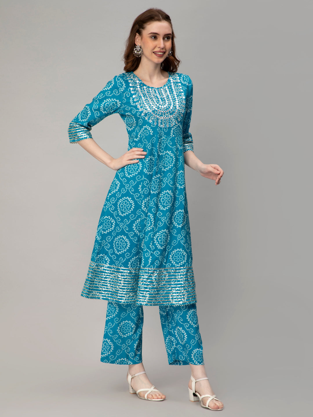 Sky Blue Rayon Blend Bandhani Printed Flared Kurta Set