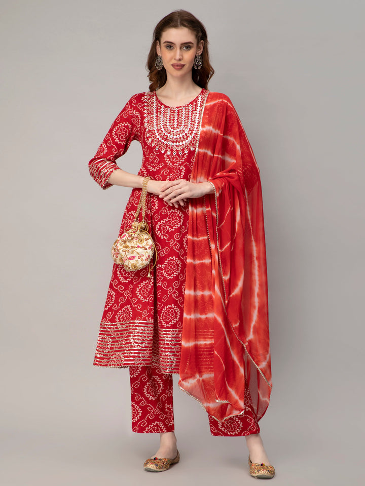 Red Rayon Blend Bandhani Printed Flared Kurta Set