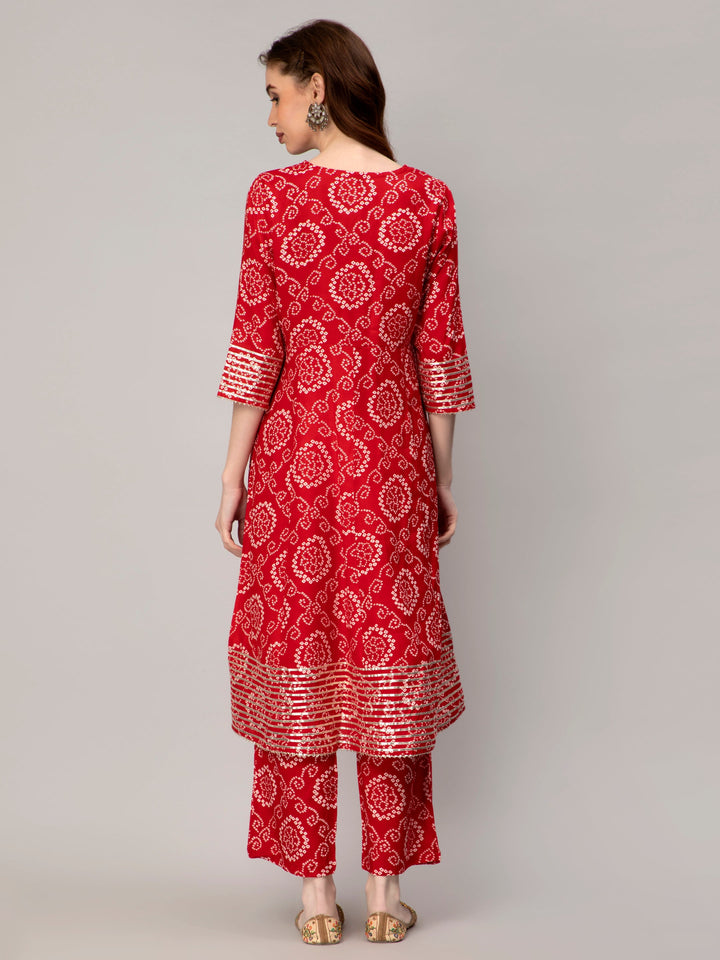 Red Rayon Blend Bandhani Printed Flared Kurta Set