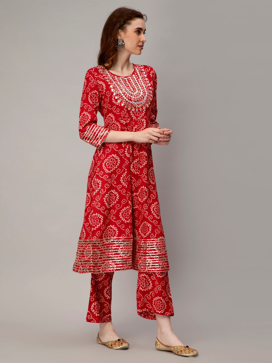 Red Rayon Blend Bandhani Printed Flared Kurta Set