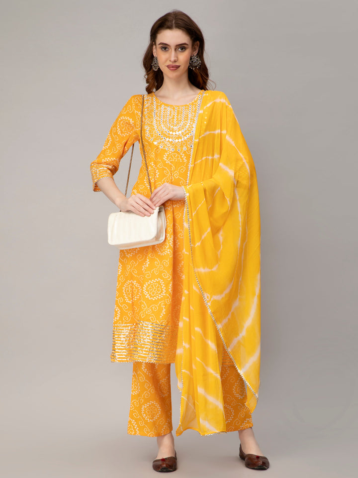 Yellow Rayon Blend Bandhani Printed Flared Kurta Set