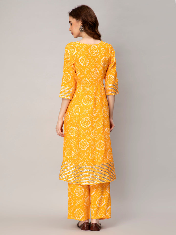 Yellow Rayon Blend Bandhani Printed Flared Kurta Set