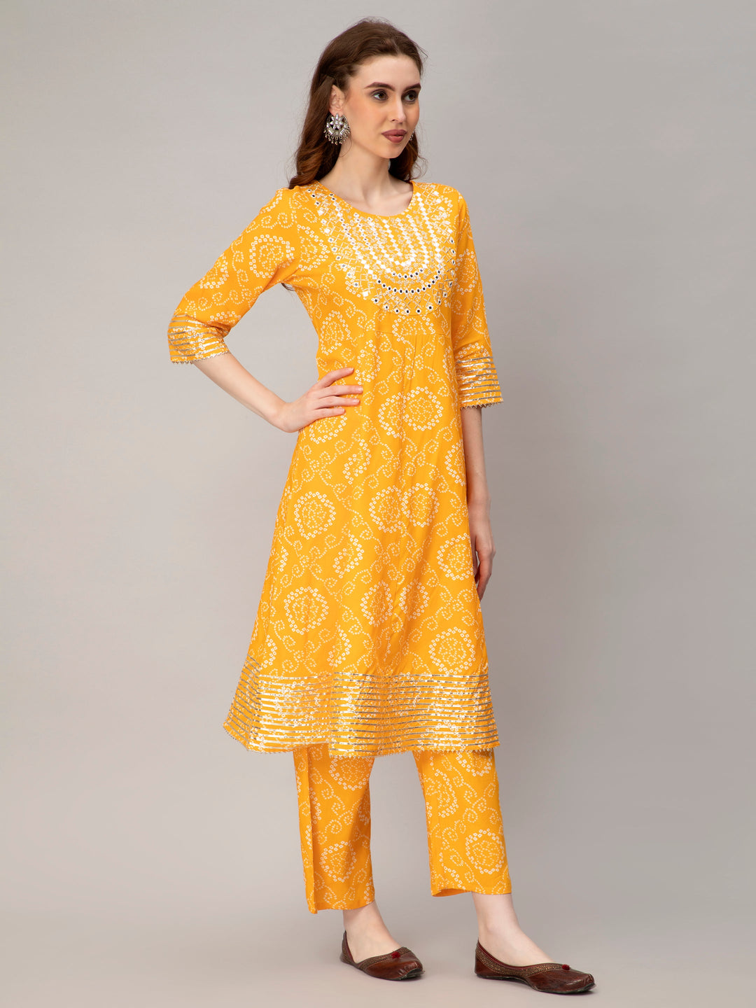 Yellow Rayon Blend Bandhani Printed Flared Kurta Set