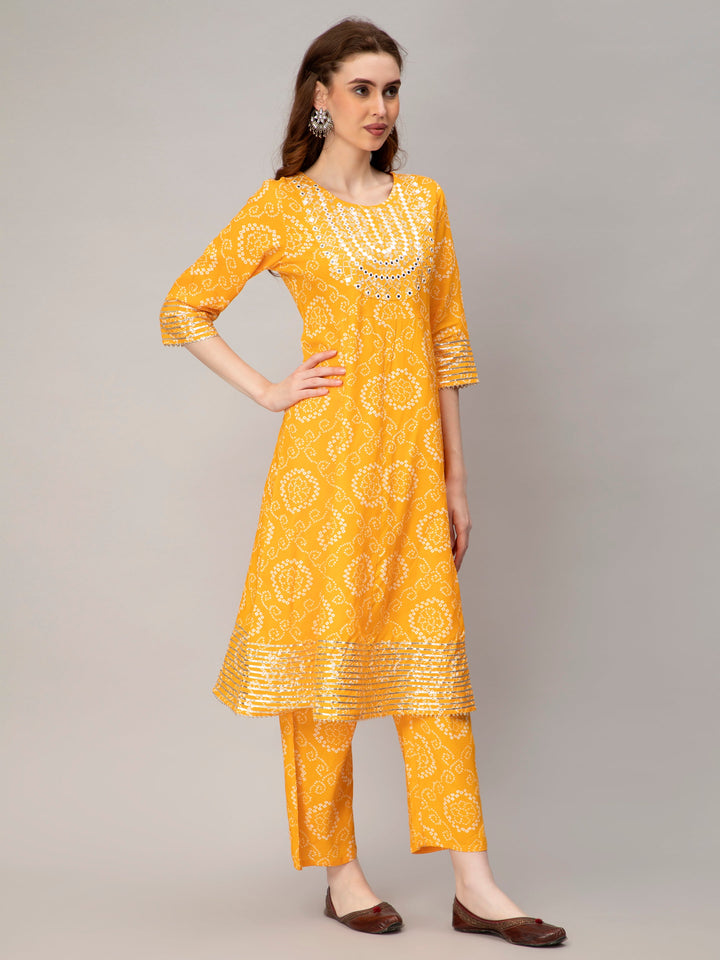 Yellow Rayon Blend Bandhani Printed Flared Kurta Set