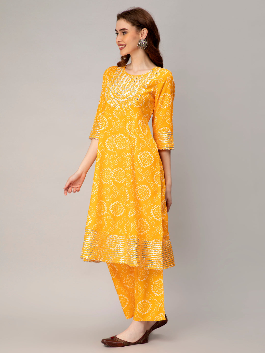 Yellow Rayon Blend Bandhani Printed Flared Kurta Set