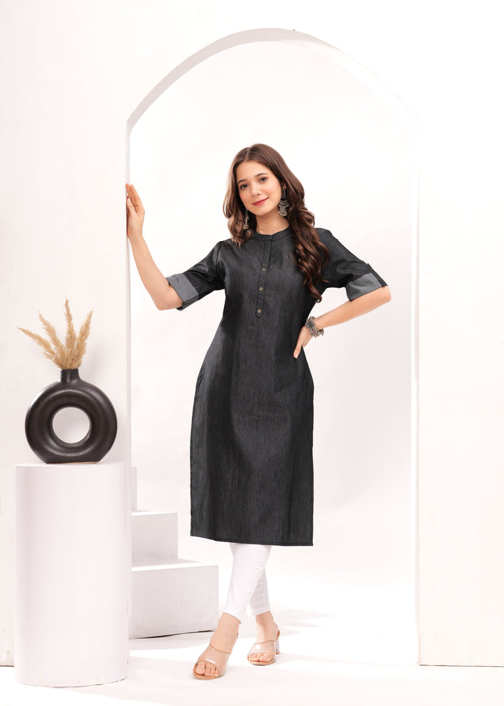 Black Denim Cotton Blend Straight Kurta